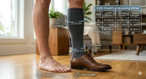 A detailed sizing guide illustration for "8-15 mmHg compression socks for men," showing measurement points on a man's leg and foot, referencing the charcoal grey socks and setting seen in previous images for a precise fit.