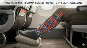 Illustration of an airplane passenger wearing 15-20 mmHg compression socks to prevent leg swelling during a long-haul flight.
