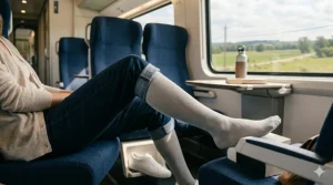 Vector graphic of a passenger on a plane wearing 8-15 mmHg compression socks to avoid leg swelling during a long flight.