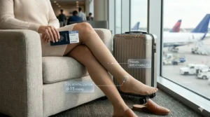 An illustration of a passenger wearing sheer compression socks 8-15 mmHg during a long airplane flight for circulation.